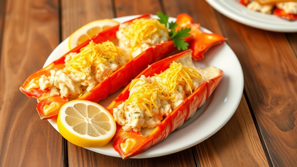 Classic Lobster Thermidor Recipe Lobster Thermidor with creamy filling and melted cheese, garnished with parsley and lemon, on a rustic wooden table.